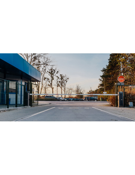 Barrera automática de 6 metros con LEDs indicadores y brazo telescópico reversible